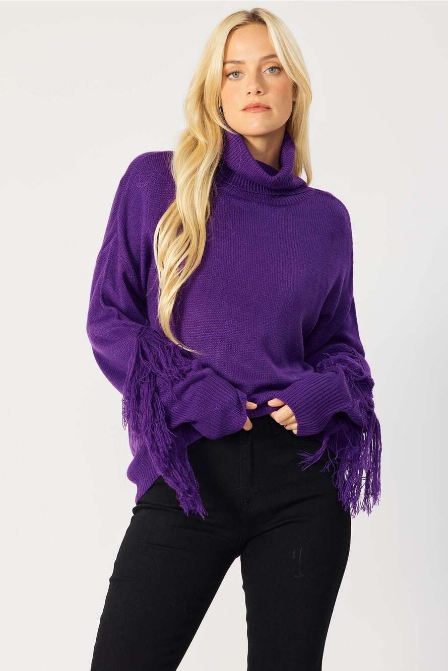 Purple Fringe Sleeve Oversized Turtleneck Sweater
